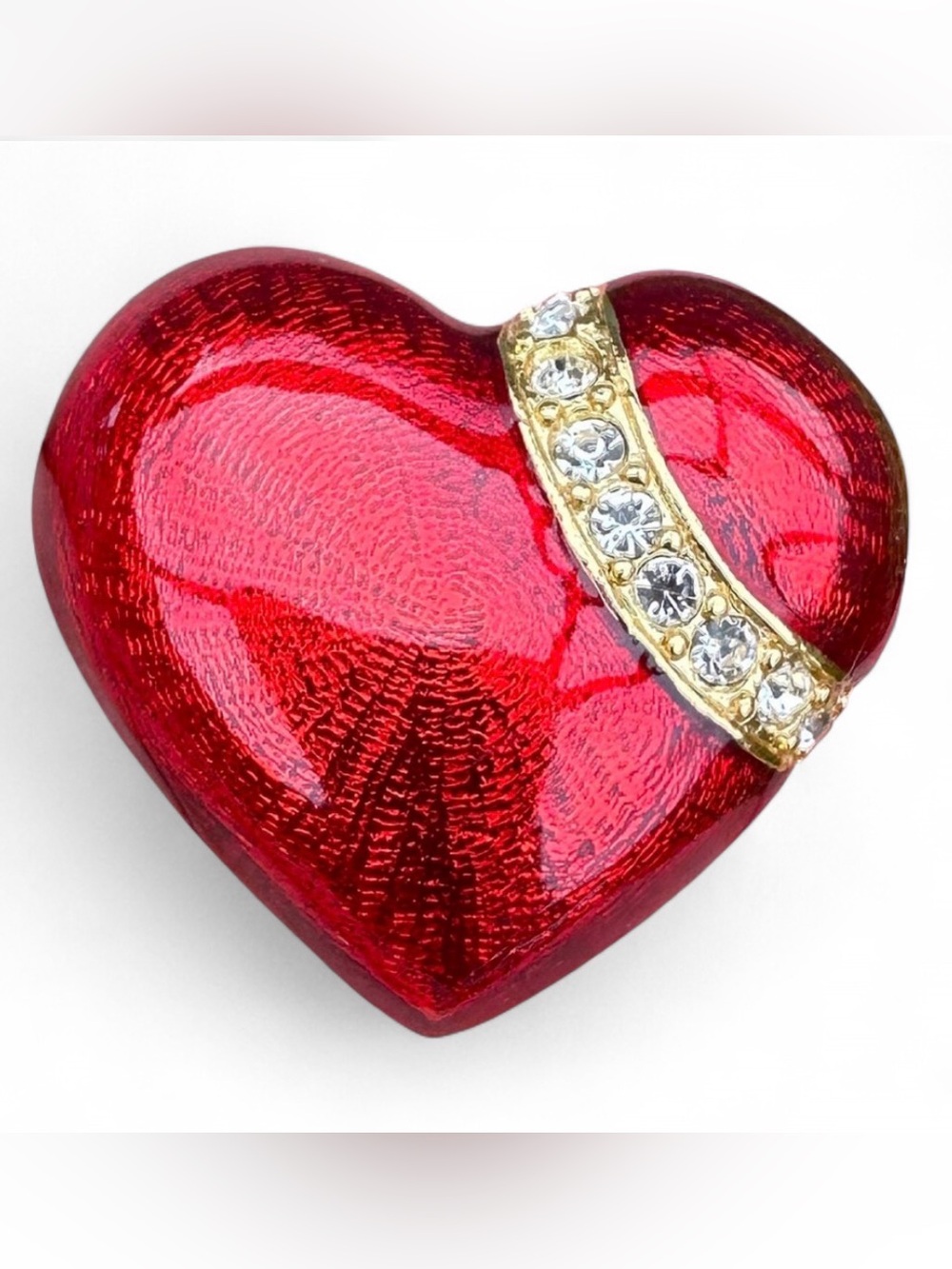 Vintage 1980s Red Enamel Puffy Heart Rhinestone Brooch Pin Domed Romantic Glam